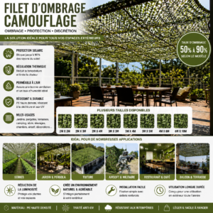 Filet camouflage militaire renforcé – toile d’ombrage extérieure pour véhicule, abri et aménagement discret