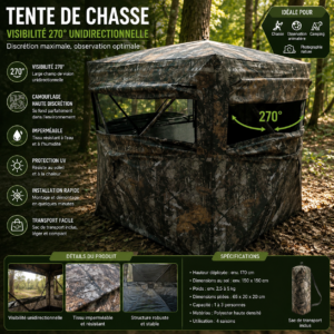 Tente camouflage tactique 270° haute discrétion – abri outdoor imperméable avec visibilité unidirectionnelle