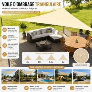 Voile d’ombrage triangulaire imperméable – protection solaire extérieure pour terrasse, camping et jardin