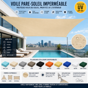 Voile d’Ombrage Imperméable Haute Résistance – Protection Solaire pour Terrasse, Jardin, Camping et Plage