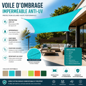 Voile d’Ombrage Imperméable Haute Résistance – Protection UV pour Terrasse, Jardin, Patio et Zones de Confinement Extérieures